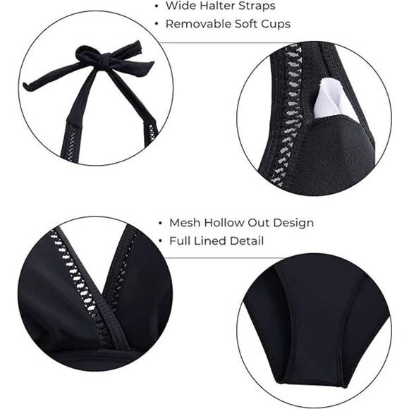 Tempt Me Black Halter Neck Sheer Striped One Piece Swimsuit Med NWT - Picture 7 of 8